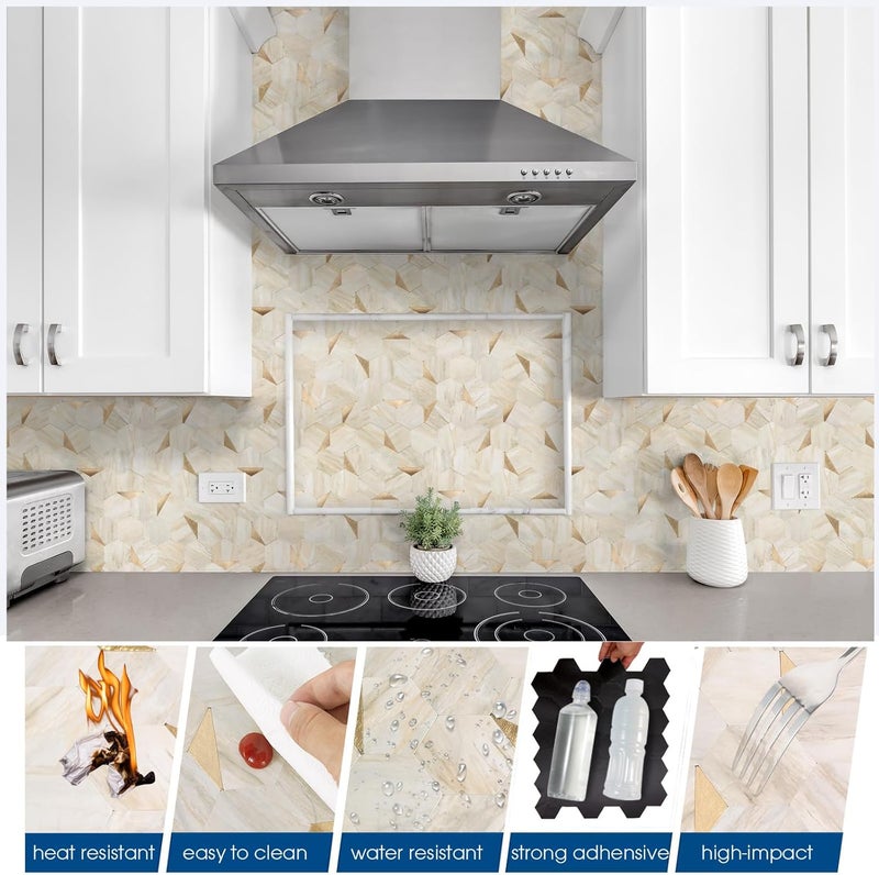 OYASIMI Hexagon Peel and Stick Backsplash for Kitchen Wall, 10 Sheets Heat Resistant Stick on Backsplash PVC Smart Tiles, 12'' Beige Marble Waterproof Peel and Stick Wall Tiles for Bathroom - Image 5